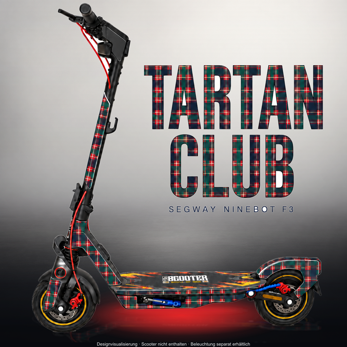 SEGWAY NINEBOT F3 / F3 PRO SKIN | TARTAN CLUB – Studiofoto mit Licht in der Skinfarbe; Scooter und Beleuchtung separat erhältlich
