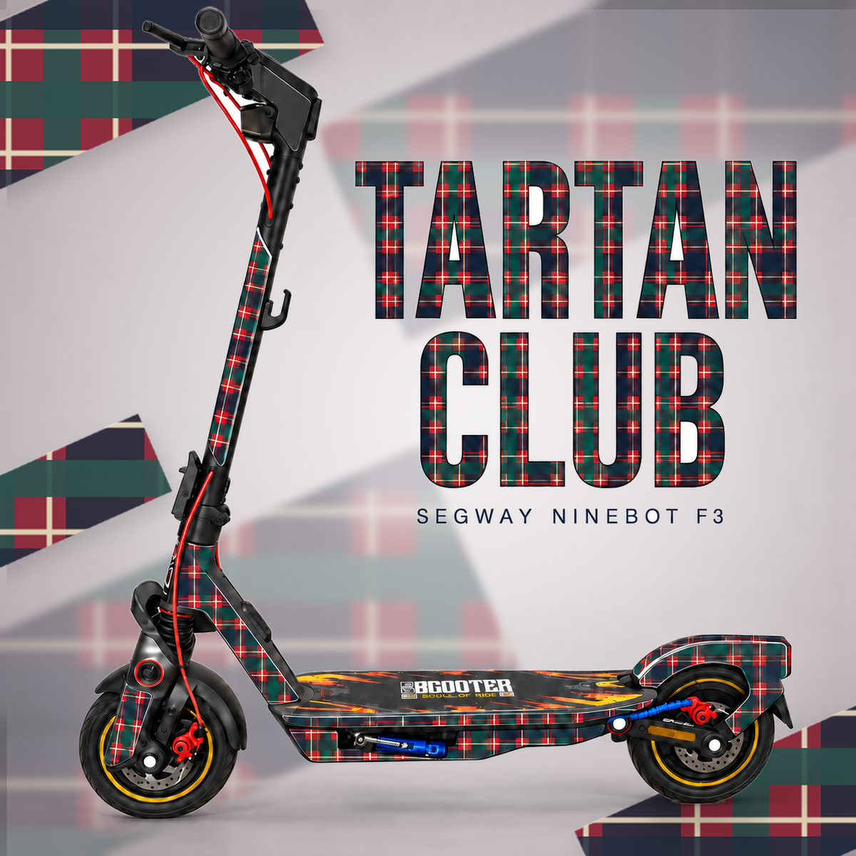 Segway Ninebot F3 mit TARTAN CLUB Skin in Dunkelblau, Bordeaux und Waldgrün, mit cremefarbenen Karolinien. Designvisualisierung; vorhandene Trittmatte bleibt erhalten.