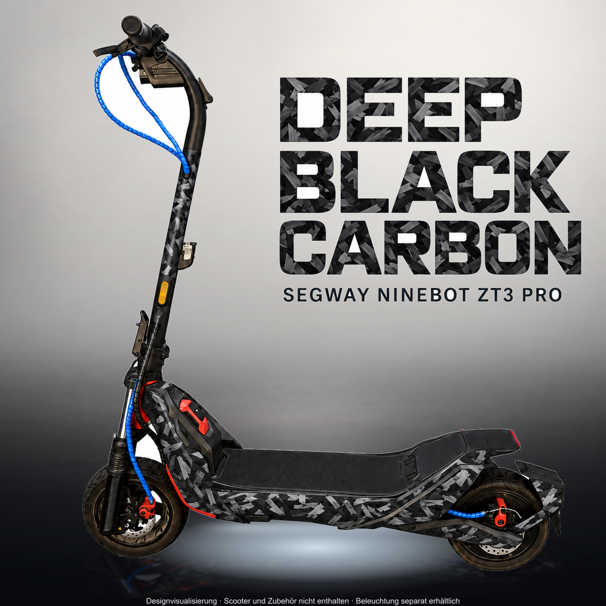 SEGWAY NINEBOT ZT3 PRO / ZT3 PRO D SKIN | DEEP BLACK CARBON – Studiofoto mit Licht in der Skinfarbe; Scooter und Beleuchtung separat erhältlich