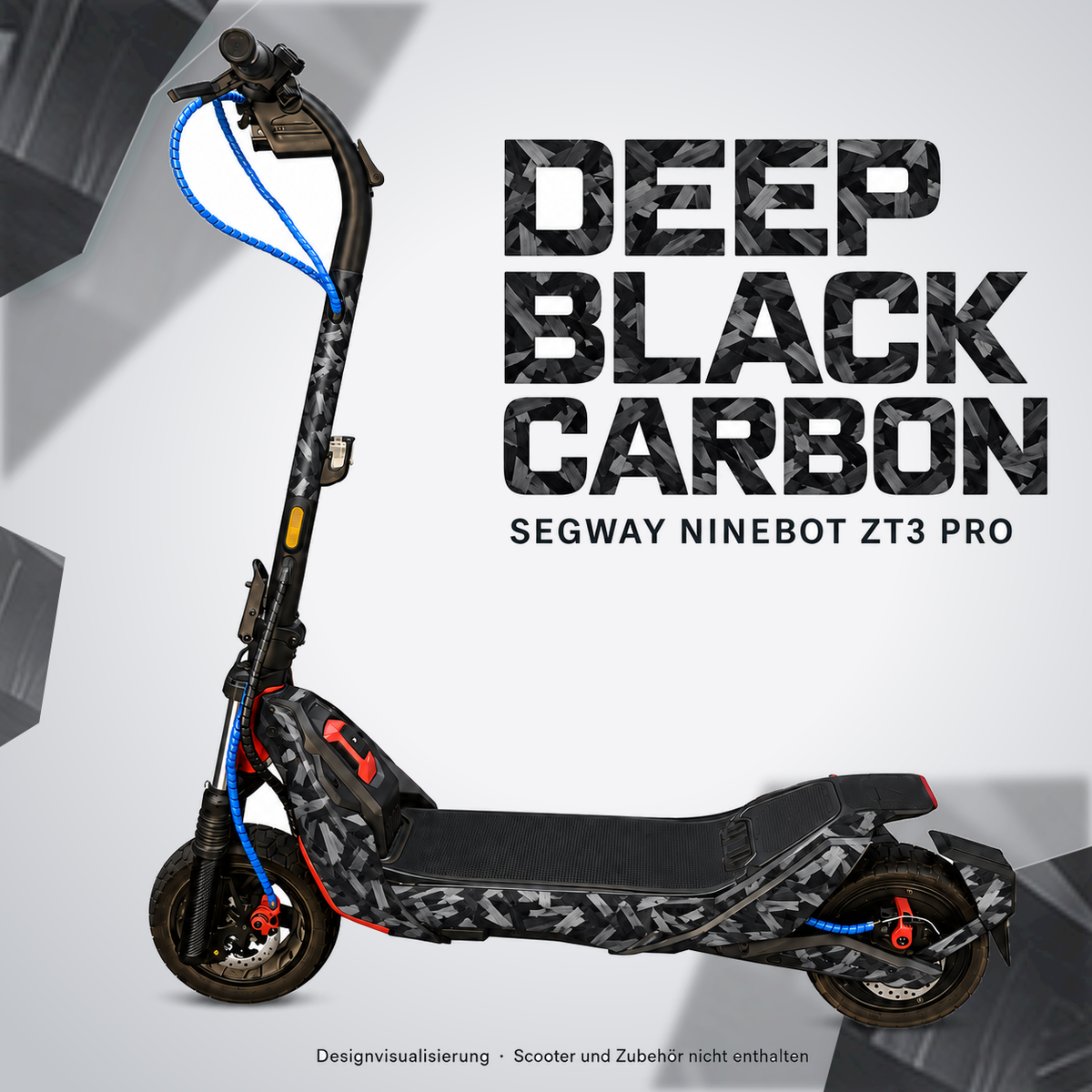 Deep Black Carbon für Segway Ninebot ZT3 Pro: digitale Materialvisualisierung in Schwarz und Silbergrau; originale Trittmatte bleibt erhalten, Scooter und Zubehör nicht enthalten.