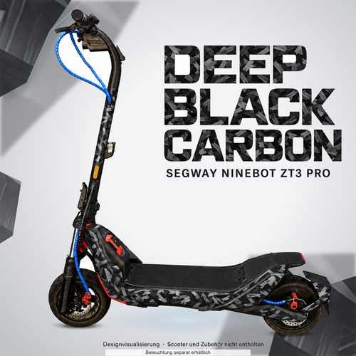 SEGWAY NINEBOT ZT3 PRO / ZT3 PRO D SKIN | DEEP BLACK CARBON – Designvisualisierung mit Lichtschein in Skin-Farben. Scooter nicht enthalten; Beleuchtung separat erhältlich.