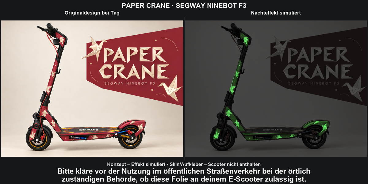 PAPER CRANE · SEGWAY NINEBOT F3: Originaldesign bei Tag und grün simulierter Glow-Nachteffekt auf den Skinflächen. Skin/Aufkleber; Scooter nicht enthalten. Konzept, kein physischer Materialtest.