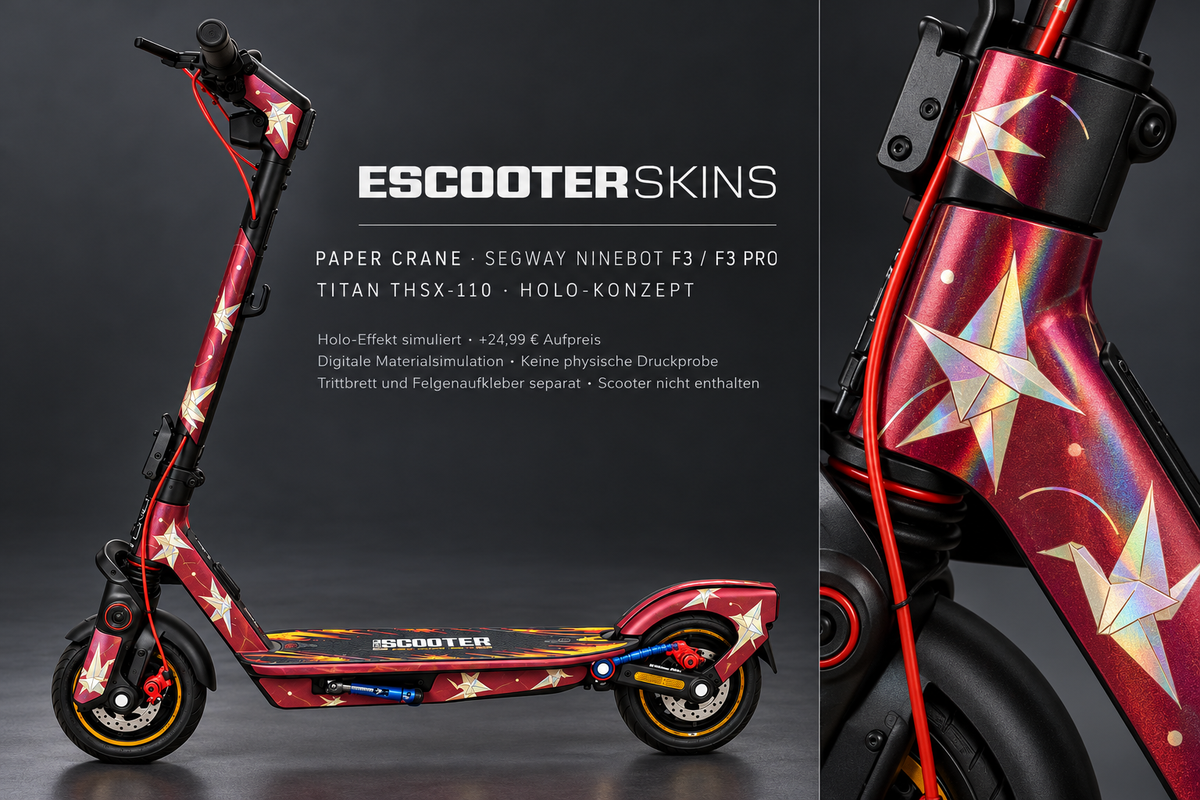 SEGWAY NINEBOT F3 / F3 PRO SKIN | PAPER CRANE – Holo-Effekt simuliert; +24,99 EUR Aufpreis. Digitale Materialsimulation, keine physische Druckprobe. Nur Body-Skin; Trittbrett und Felgenaufkleber separat; Scooter nicht enthalten.