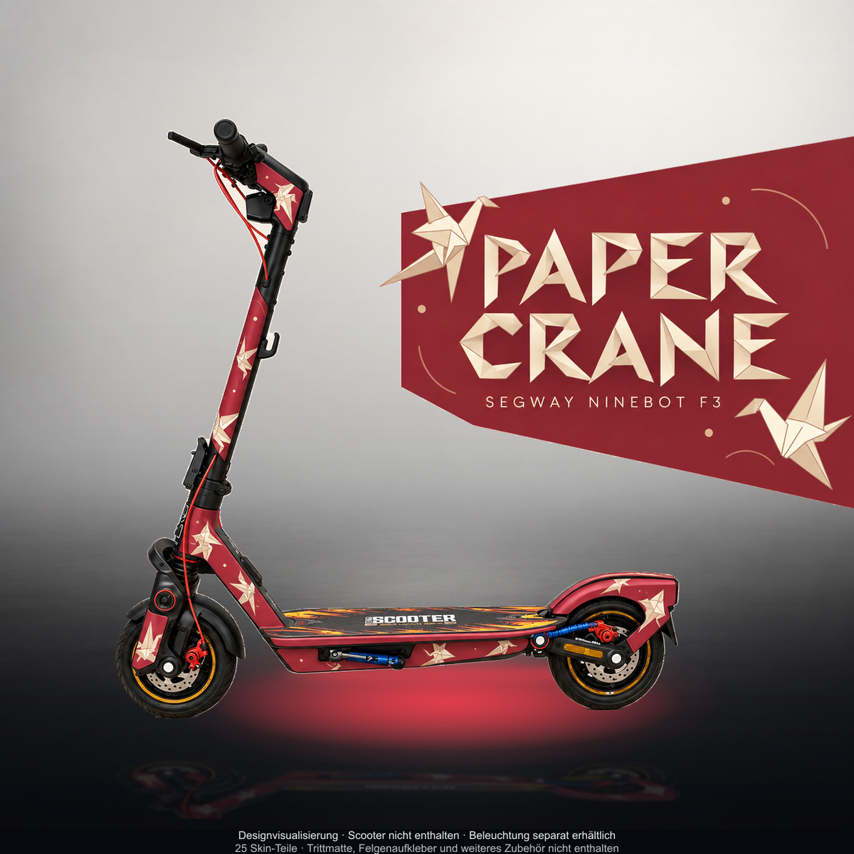 SEGWAY NINEBOT F3 / F3 PRO SKIN | PAPER CRANE – Studiofoto mit Licht in der Skinfarbe; Scooter und Beleuchtung separat erhältlich
