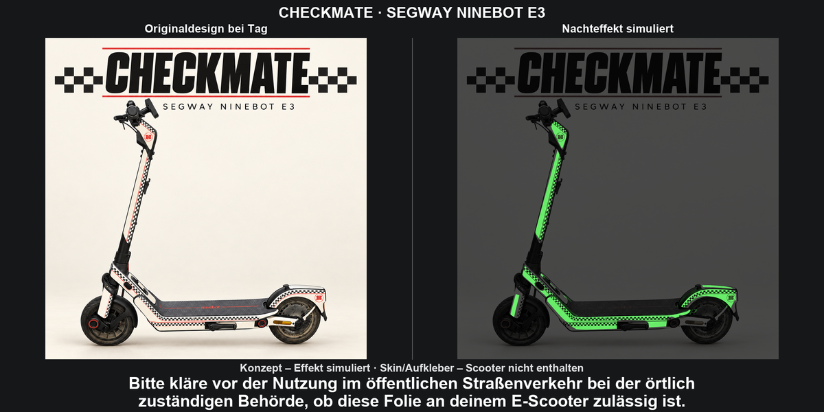 CHECKMATE · SEGWAY NINEBOT E3: Originaldesign bei Tag und grün simulierter Glow-Nachteffekt auf den Skinflächen. Skin/Aufkleber; Scooter nicht enthalten. Konzept, kein physischer Materialtest.