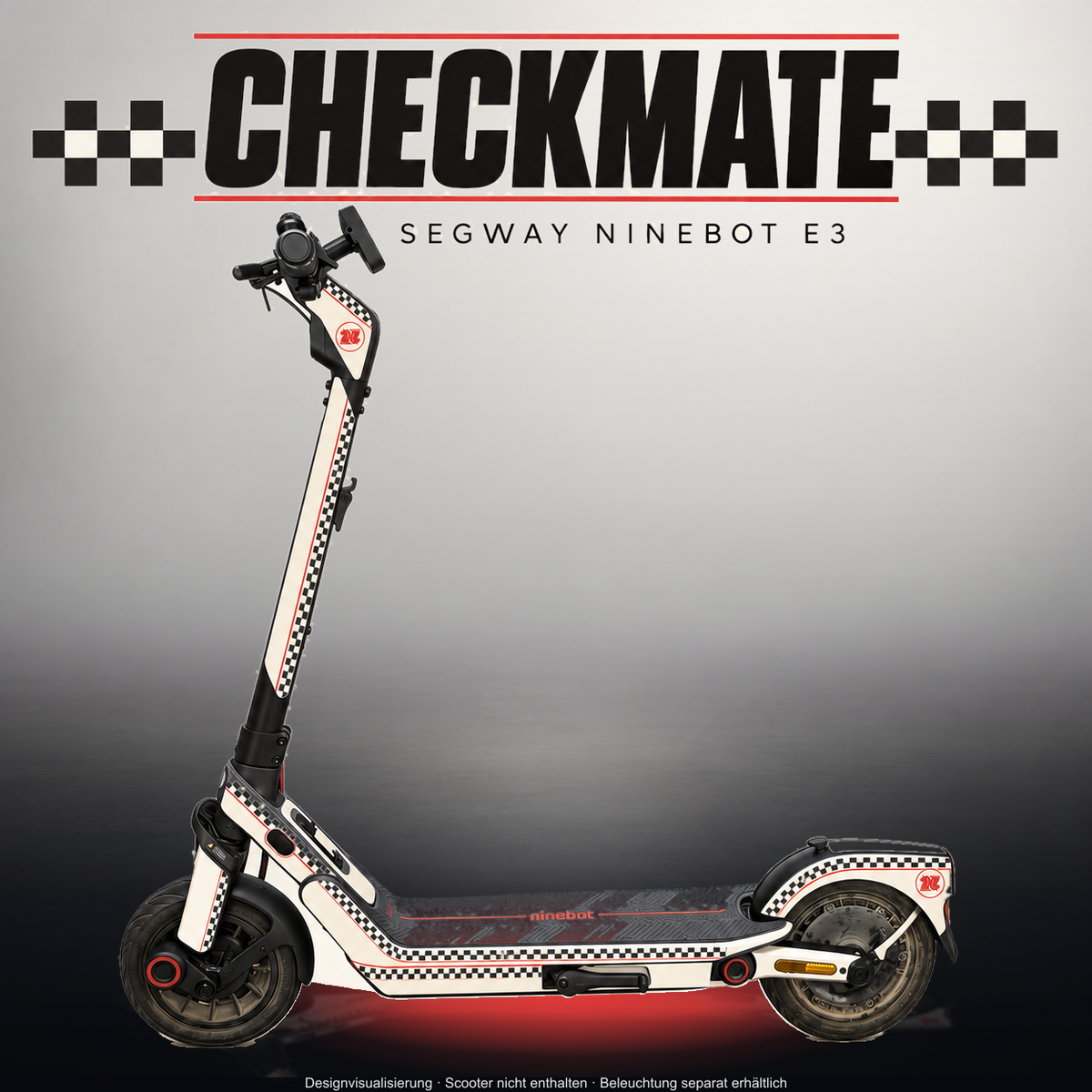 SEGWAY NINEBOT E3 / E3 PRO SKIN | CHECKMATE – Studiofoto mit Licht in der Skinfarbe; Scooter und Beleuchtung separat erhältlich