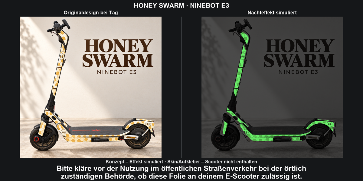 HONEY SWARM · NINEBOT E3: Originaldesign bei Tag und grün simulierter Glow-Nachteffekt auf den Skinflächen. Skin/Aufkleber; Scooter nicht enthalten. Konzept, kein physischer Materialtest.
