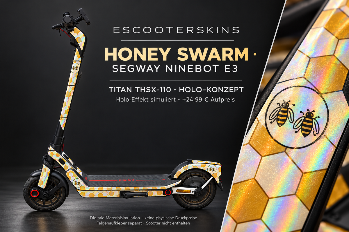 SEGWAY NINEBOT E3 / E3 PRO SKIN | HONEY SWARM – Holo-Effekt simuliert; +24,99 EUR Aufpreis. Digitale Materialsimulation, keine physische Druckprobe. Nur Body-Skin; Trittbrett und Felgenaufkleber separat; Scooter nicht enthalten.