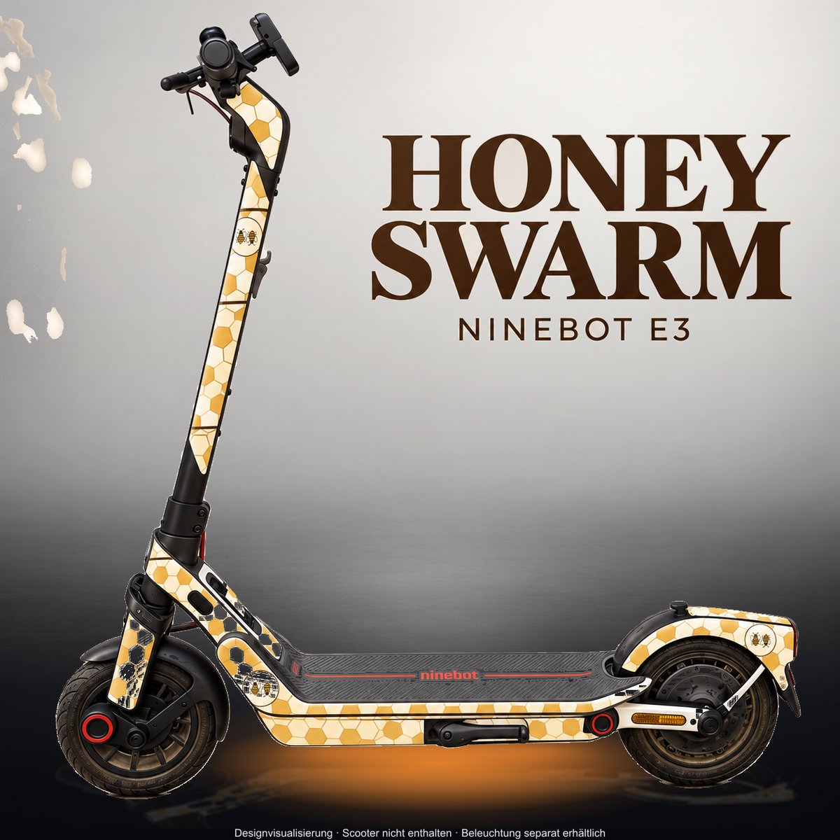 SEGWAY NINEBOT E3 / E3 PRO SKIN | HONEY SWARM – Studiofoto mit Licht in der Skinfarbe; Scooter und Beleuchtung separat erhältlich