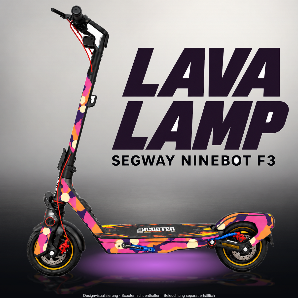 SEGWAY NINEBOT F3 / F3 PRO SKIN | LAVA LAMP – Studiofoto mit Licht in der Skinfarbe; Scooter und Beleuchtung separat erhältlich