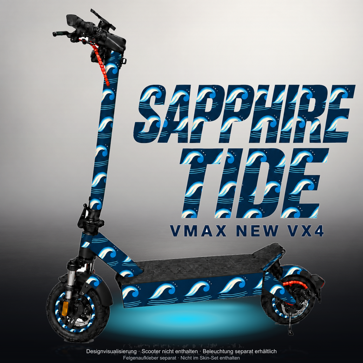 VMAX NEW VX4 SKIN | SAPPHIRE TIDE – Studiofoto mit Licht in der Skinfarbe; Scooter und Beleuchtung separat erhältlich