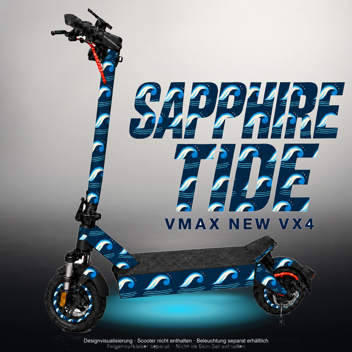 VMAX NEW VX4 SKIN | SAPPHIRE TIDE – Studiofoto mit Licht in der Skinfarbe; Scooter und Beleuchtung separat erhältlich