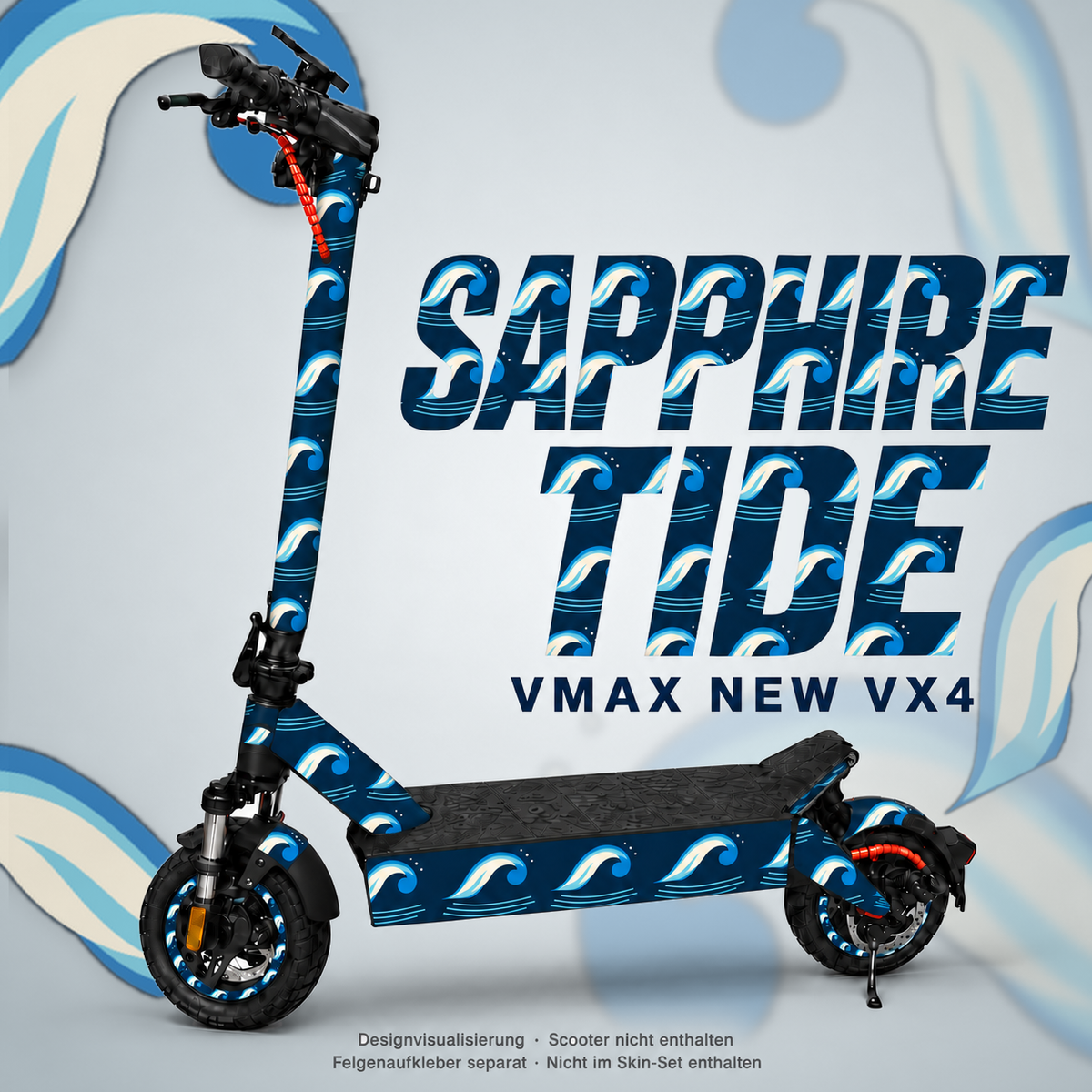 Sapphire Tide für VMAX NEW VX4 – blaue Wellen, kleine Klebefläche am vorderen Schutzblech, originale schwarze Trittmatte. Felgen separat.
