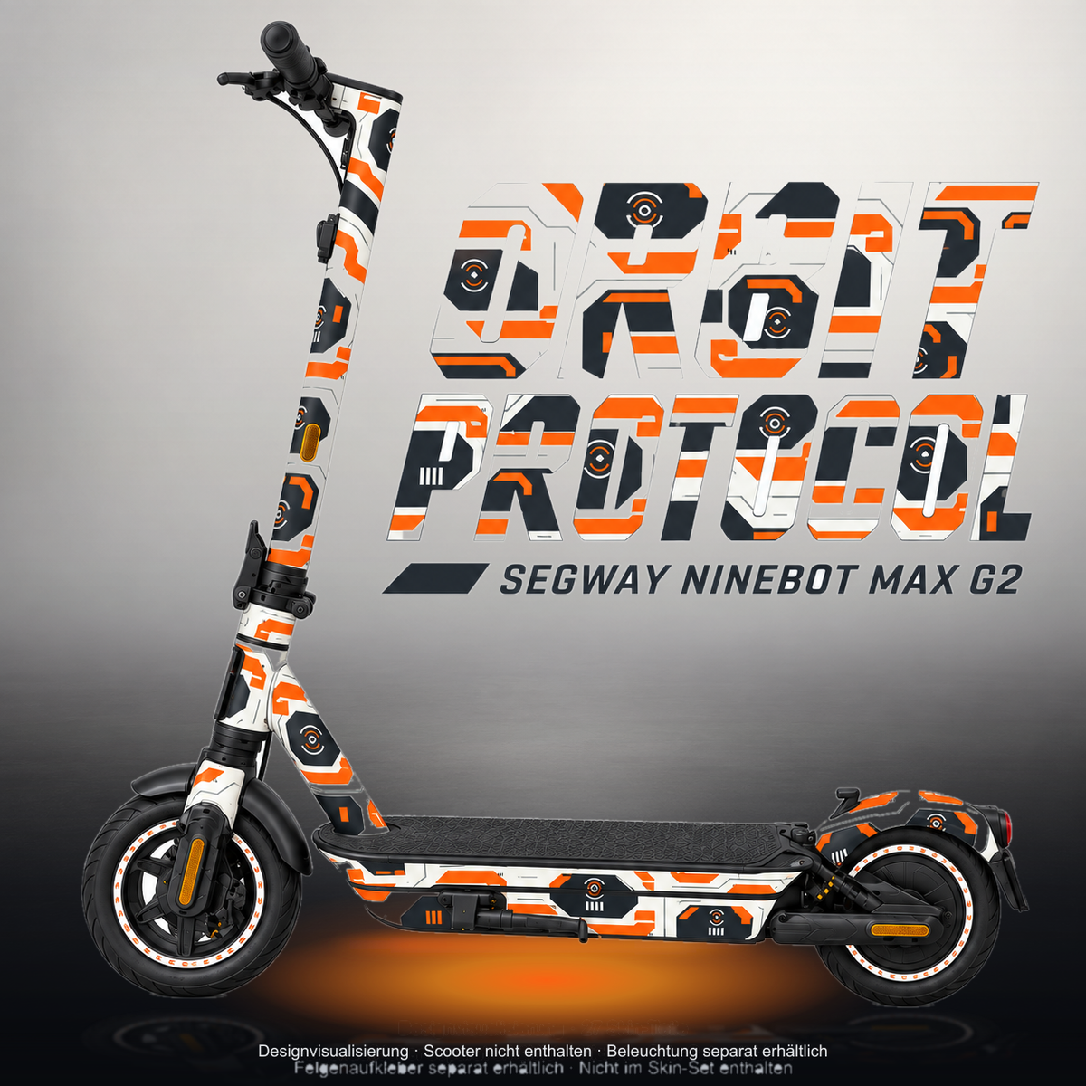 SEGWAY NINEBOT G2 MAX SKIN | ORBIT PROTOCOL – Studiofoto mit Licht in der Skinfarbe; Scooter und Beleuchtung separat erhältlich