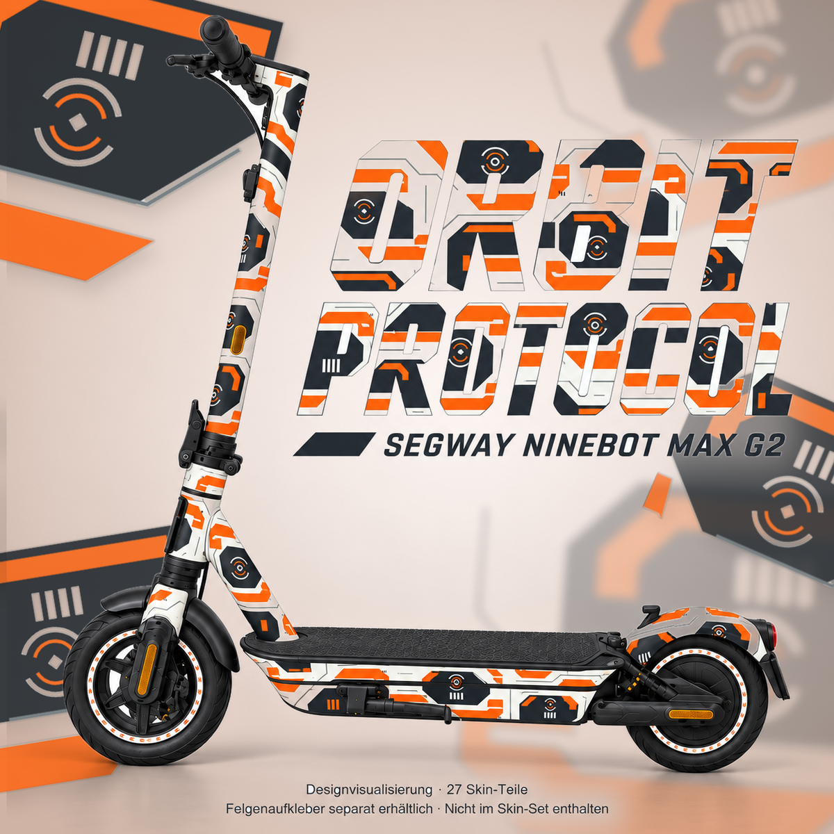 ORBIT PROTOCOL für Segway Ninebot MAX G2: Weiß, Signalorange und Graphit; zwei getrennte Seitenteile und gestaltetes Heckschutzblech. Passende Felgenaufkleber separat, nicht im Skin-Set enthalten.
