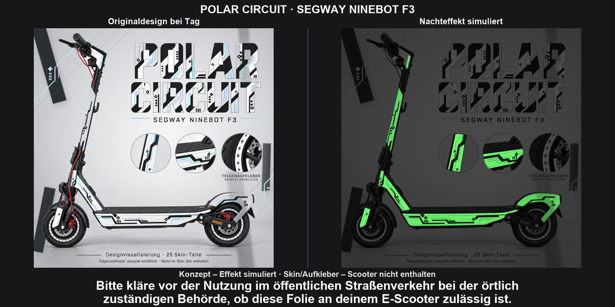 POLAR CIRCUIT · SEGWAY NINEBOT F3 – Glow in the Dark: Originaldesign bei Tag und simulierter grüner Nachteffekt. Skin/Aufkleber, Scooter und Felgenaufkleber nicht enthalten.
