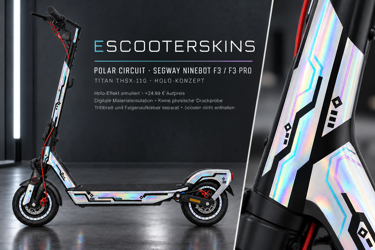 SEGWAY NINEBOT F3 / F3 PRO SKIN | POLAR CIRCUIT – Holo-Effekt simuliert; +24,99 EUR Aufpreis. Digitale Materialsimulation, keine physische Druckprobe. Nur Body-Skin; Trittbrett und Felgenaufkleber separat; Scooter nicht enthalten.
