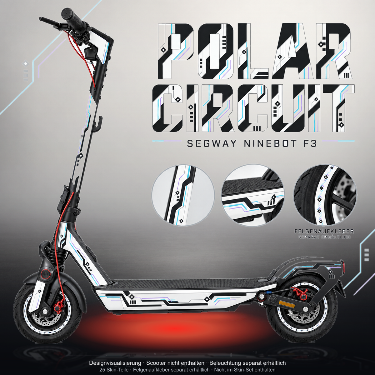 SEGWAY NINEBOT F3 / F3 PRO SKIN | POLAR CIRCUIT – Studiofoto mit Licht in der Skinfarbe; Scooter und Beleuchtung separat erhältlich