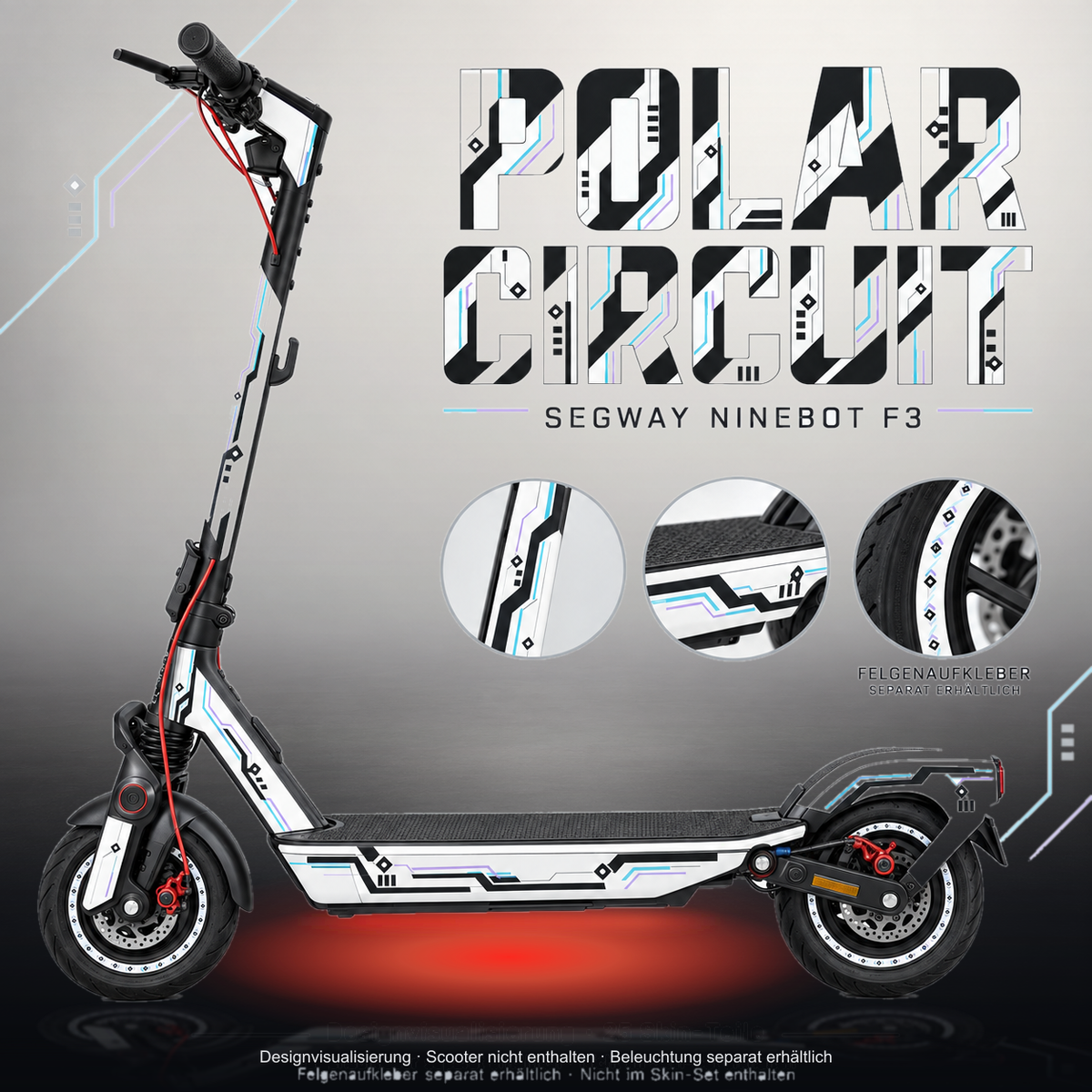 SEGWAY NINEBOT F3 / F3 PRO SKIN | POLAR CIRCUIT – Studiofoto mit Licht in der Skinfarbe; Scooter und Beleuchtung separat erhältlich