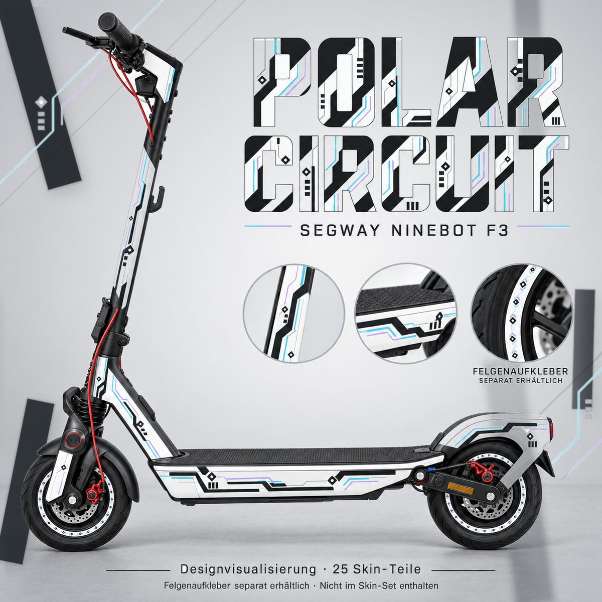 Polar Circuit für Ninebot F3 – weißer technischer Skin mit Graphit, Cyan und Flieder. Felgenaufkleber separat, nicht im Skin enthalten.