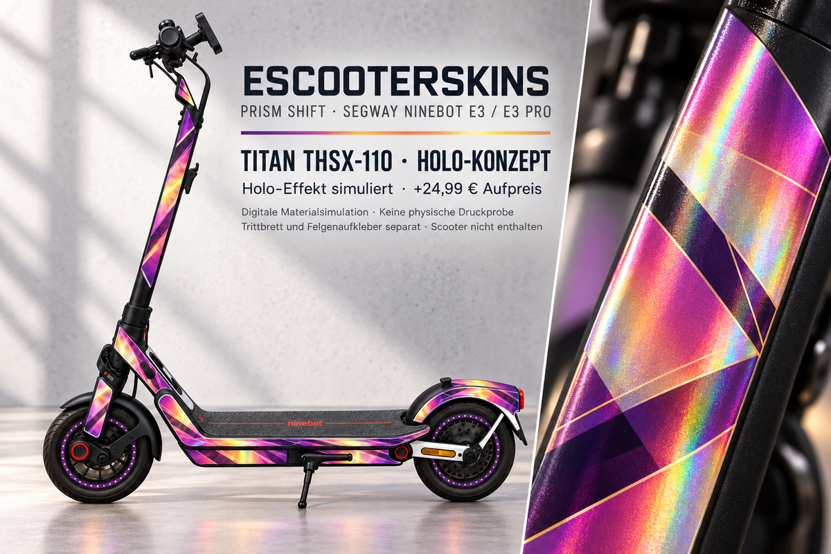 SEGWAY NINEBOT E3 / E3 PRO SKIN | PRISM SHIFT – Holo-Effekt simuliert; +24,99 EUR Aufpreis. Digitale Materialsimulation, keine physische Druckprobe. Nur Body-Skin; Trittbrett und Felgenaufkleber separat; Scooter nicht enthalten.