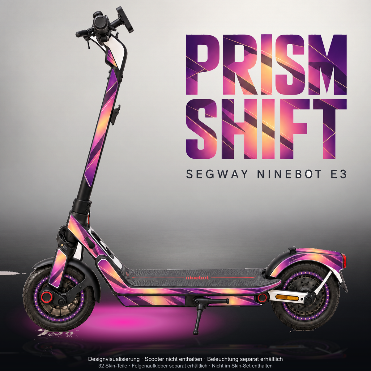 SEGWAY NINEBOT E3 / E3 PRO SKIN | PRISM SHIFT – Studiofoto mit Licht in der Skinfarbe; Scooter und Beleuchtung separat erhältlich