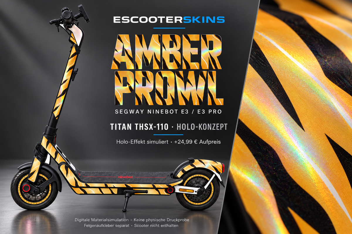 SEGWAY NINEBOT E3 / E3 PRO SKIN | AMBER PROWL – Holo-Effekt simuliert; +24,99 EUR Aufpreis. Digitale Materialsimulation, keine physische Druckprobe. Nur Body-Skin; Trittbrett und Felgenaufkleber separat; Scooter nicht enthalten.