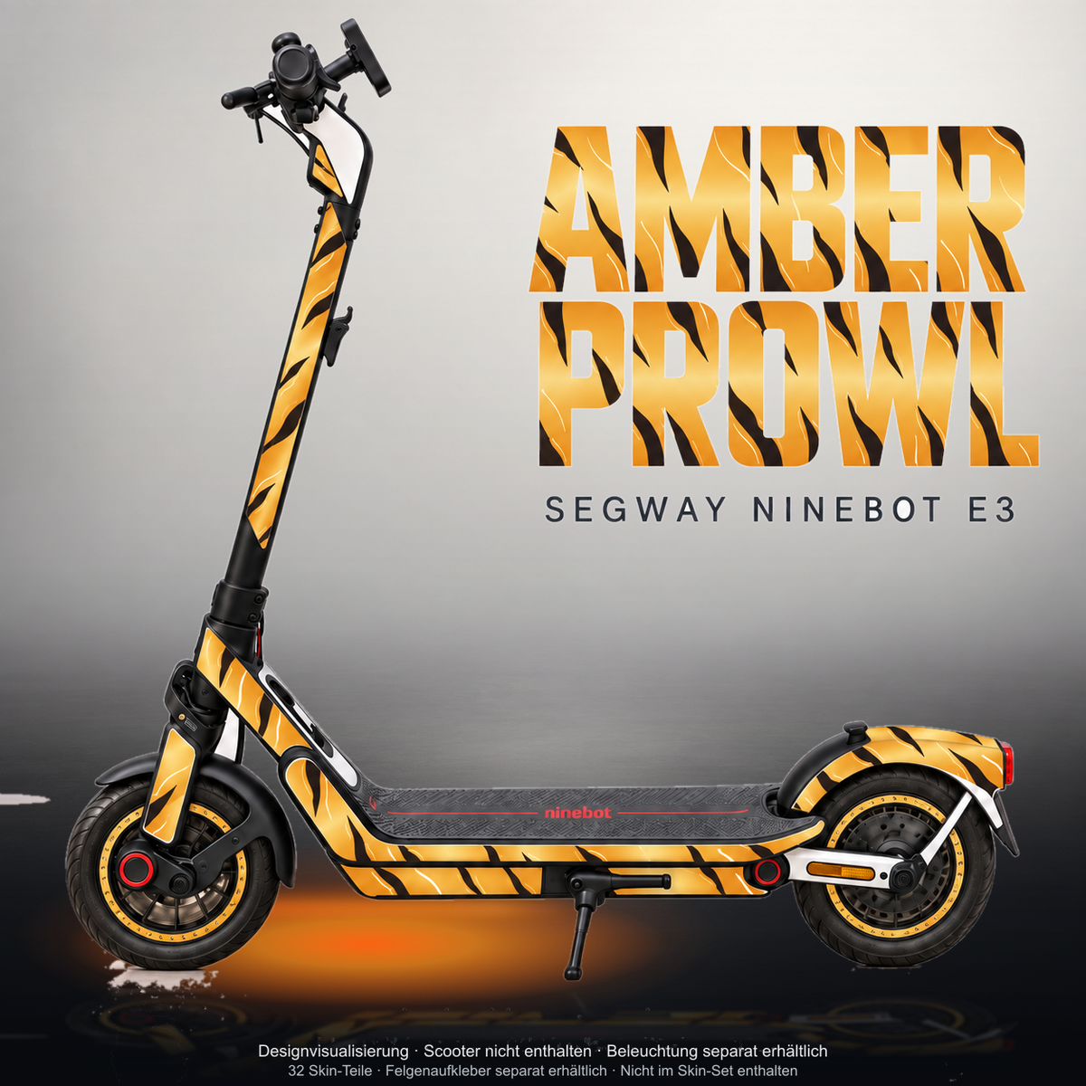 SEGWAY NINEBOT E3 / E3 PRO SKIN | AMBER PROWL – Studiofoto mit Licht in der Skinfarbe; Scooter und Beleuchtung separat erhältlich