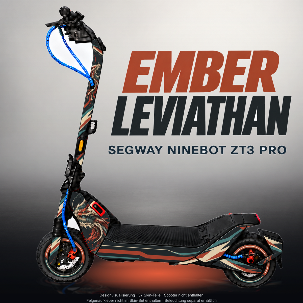 SEGWAY NINEBOT ZT3 PRO / ZT3 PRO D SKIN | EMBER LEVIATHAN – Studiofoto mit Licht in der Skinfarbe; Scooter und Beleuchtung separat erhältlich