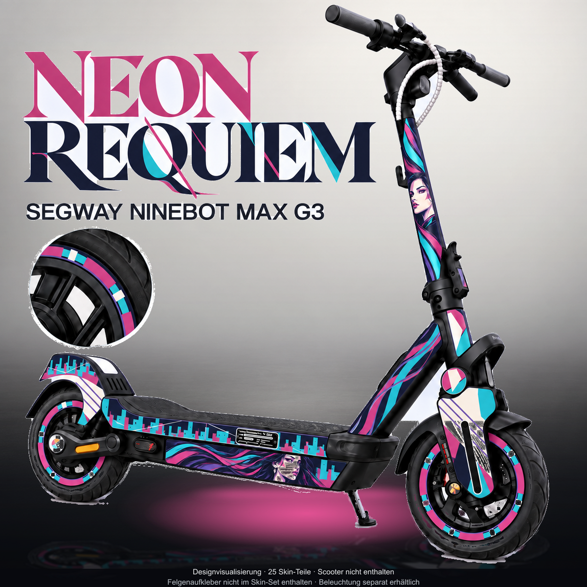 SEGWAY NINEBOT G3 / G3 D / G3 E SKIN | NEON REQUIEM – Studiofoto mit Licht in der Skinfarbe; Scooter und Beleuchtung separat erhältlich