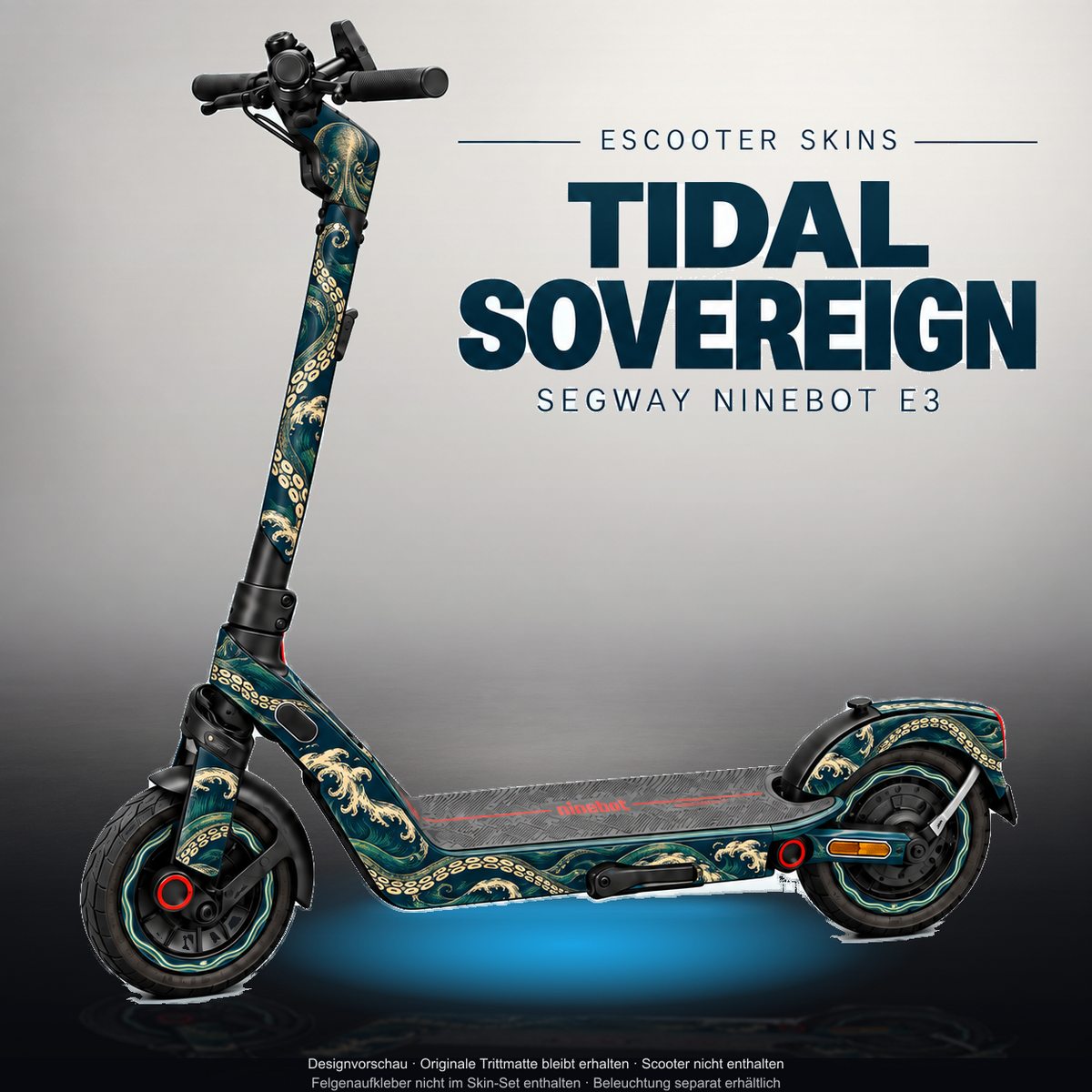 SEGWAY NINEBOT E3 / E3 PRO SKIN | TIDAL SOVEREIGN – Studiofoto mit Licht in der Skinfarbe; Scooter und Beleuchtung separat erhältlich