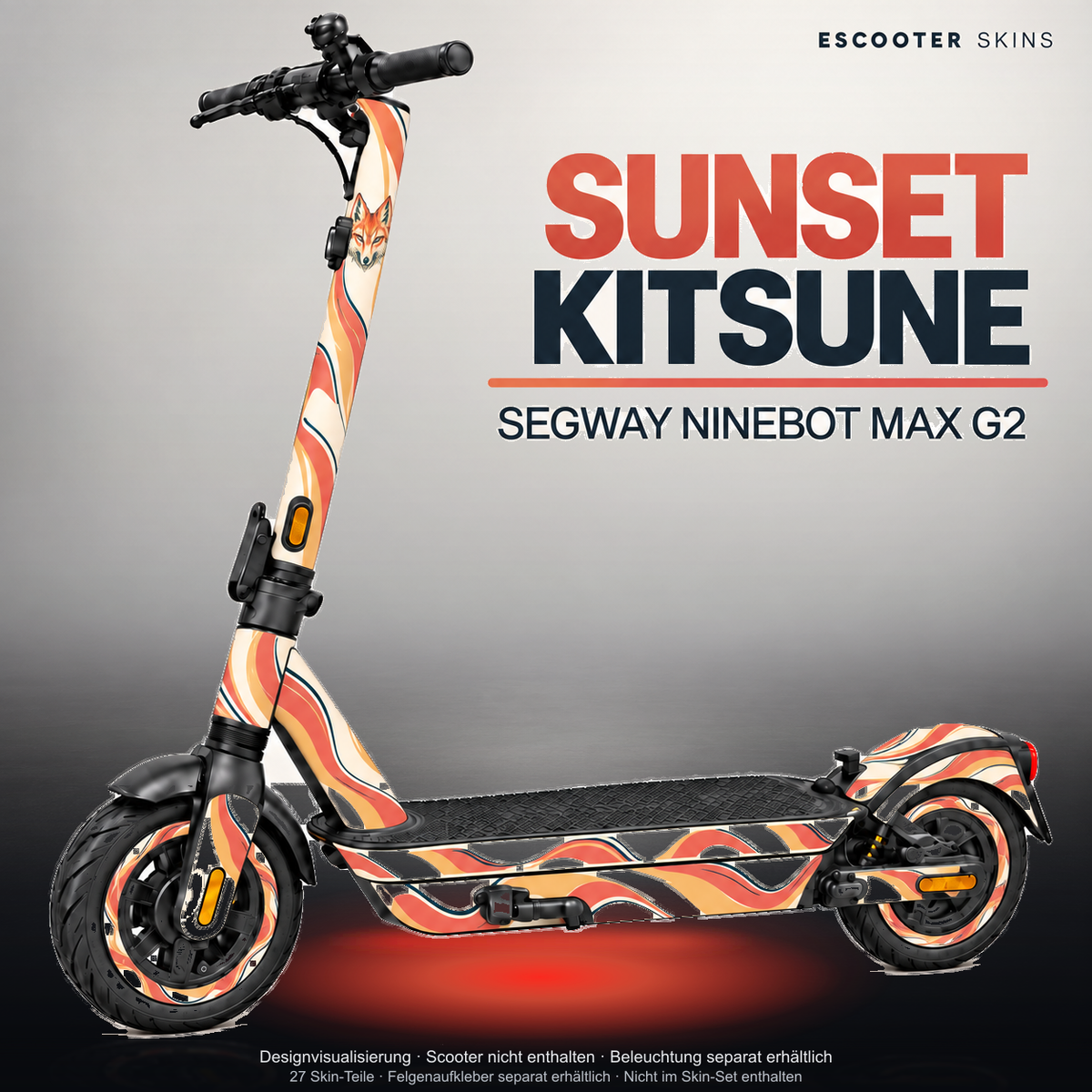 SEGWAY NINEBOT G2 MAX SKIN | SUNSET KITSUNE – Studiofoto mit Licht in der Skinfarbe; Scooter und Beleuchtung separat erhältlich