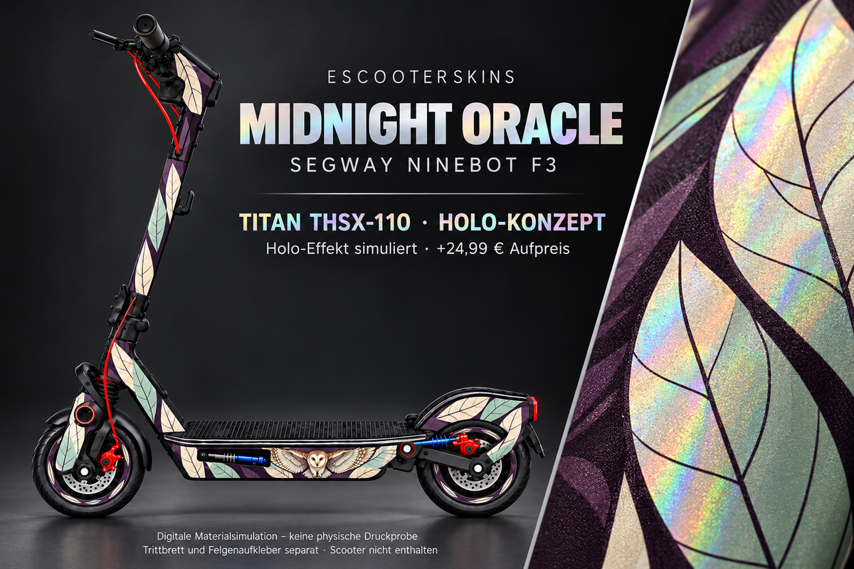 SEGWAY NINEBOT F3 / F3 PRO SKIN | MIDNIGHT ORACLE – Holo-Effekt simuliert; +24,99 EUR Aufpreis. Digitale Materialsimulation, keine physische Druckprobe. Nur Body-Skin; Trittbrett und Felgenaufkleber separat; Scooter nicht enthalten.