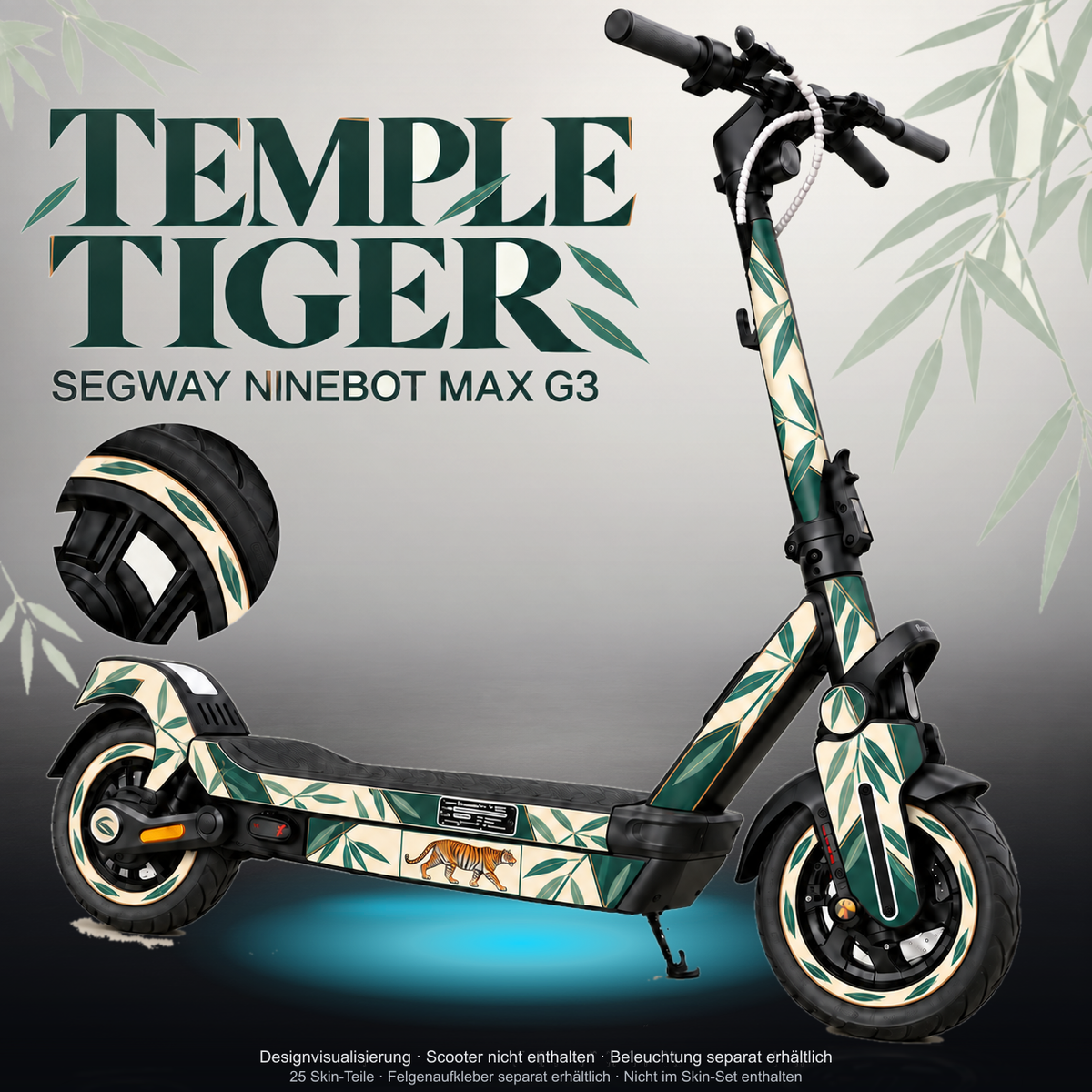 SEGWAY NINEBOT G3 / G3 D / G3 E SKIN | TEMPLE TIGER – Studiofoto mit Licht in der Skinfarbe; Scooter und Beleuchtung separat erhältlich
