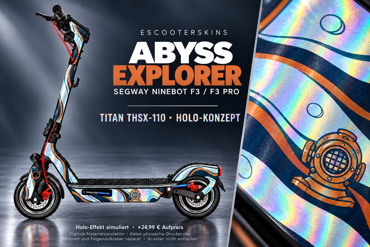 SEGWAY NINEBOT F3 / F3 PRO SKIN | ABYSS EXPLORER – Holo-Effekt simuliert; +24,99 EUR Aufpreis. Digitale Materialsimulation, keine physische Druckprobe. Nur Body-Skin; Trittbrett und Felgenaufkleber separat; Scooter nicht enthalten.