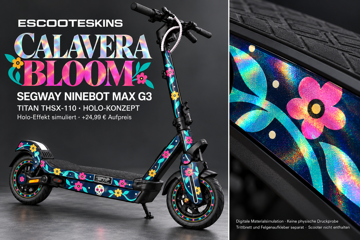 SEGWAY NINEBOT G3 / G3 D / G3 E SKIN | CALAVERA BLOOM – Holo-Effekt simuliert; +24,99 EUR Aufpreis. Digitale Materialsimulation, keine physische Druckprobe. Nur Body-Skin; Trittbrett und Felgenaufkleber separat; Scooter nicht enthalten.
