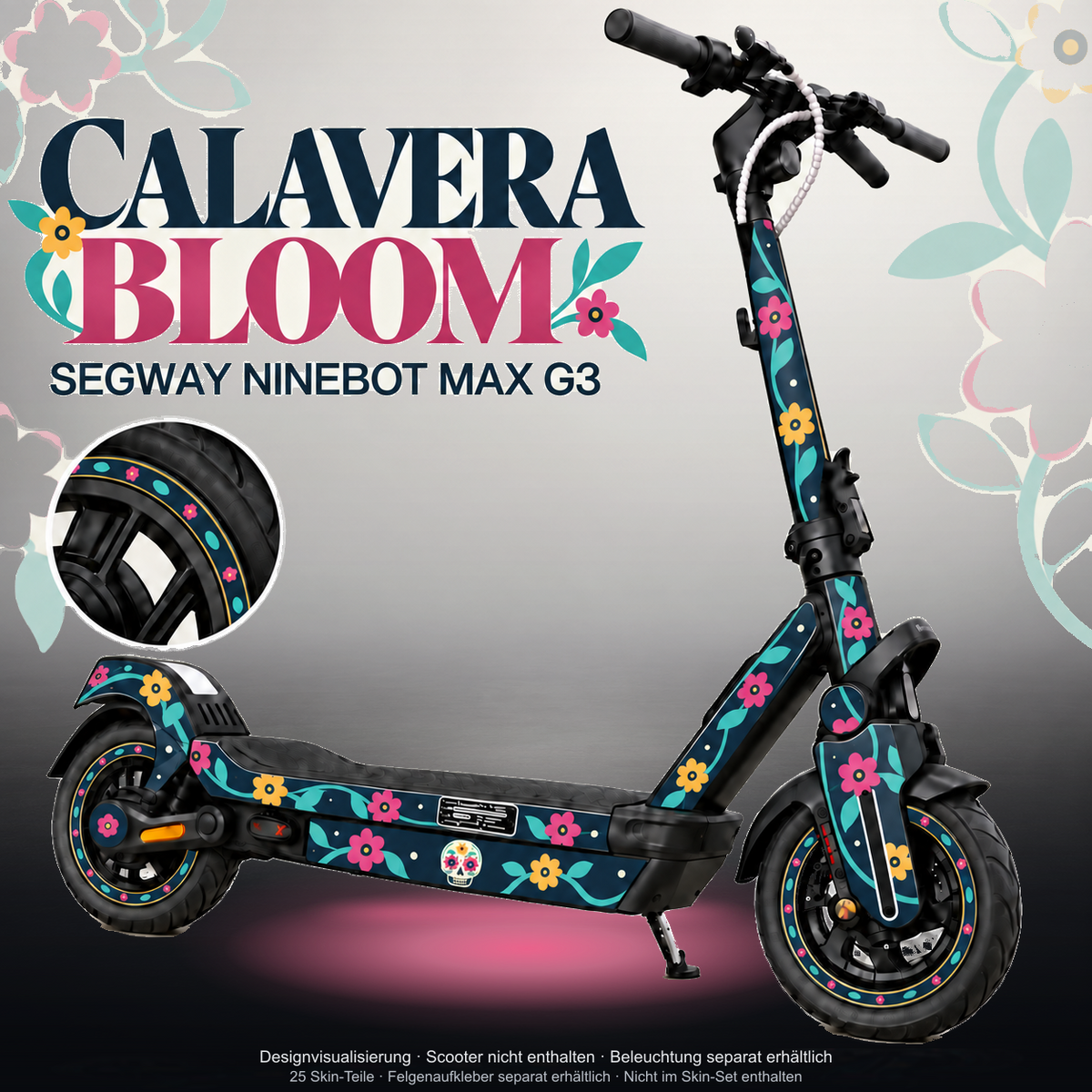 SEGWAY NINEBOT G3 / G3 D / G3 E SKIN | CALAVERA BLOOM – Studiofoto mit Licht in der Skinfarbe; Scooter und Beleuchtung separat erhältlich