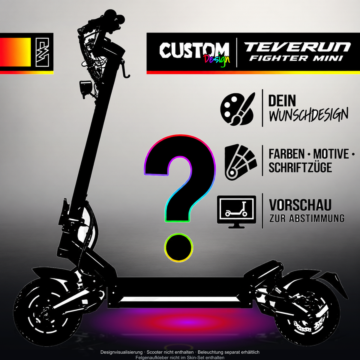 TEVERUN FIGHTER MINI / PRO SKIN | CUSTOM – Designvisualisierung mit Licht in der Skinfarbe; Scooter nicht enthalten, Beleuchtung separat erhältlich