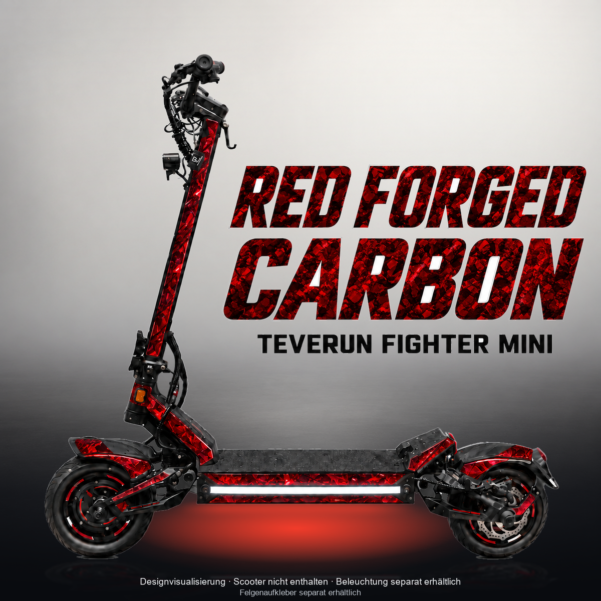TEVERUN FIGHTER MINI / PRO SKIN | RED FORGED CARBON – Studiofoto mit Licht in der Skinfarbe; Scooter und Beleuchtung separat erhältlich