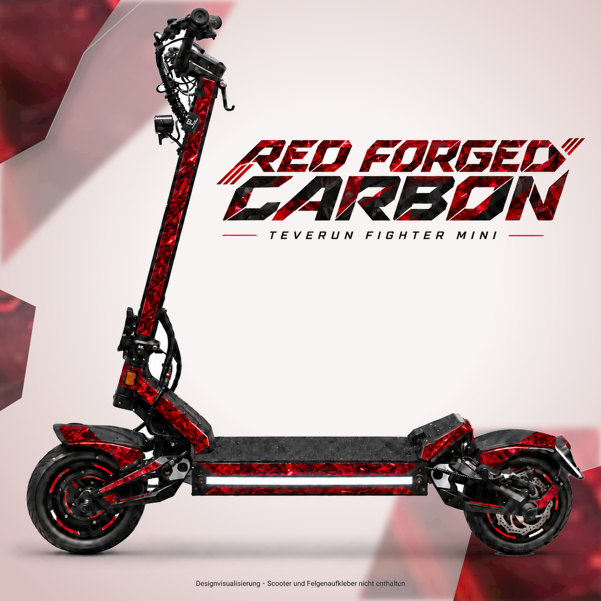Teverun Fighter Mini RED FORGED CARBON Skin – Designansicht mit freier mittiger Seitenlichtleiste