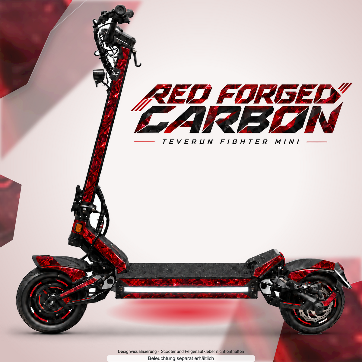 TEVERUN FIGHTER MINI / PRO SKIN | RED FORGED CARBON – Designvisualisierung mit Lichtschein in Skin-Farben. Scooter nicht enthalten; Beleuchtung separat erhältlich.