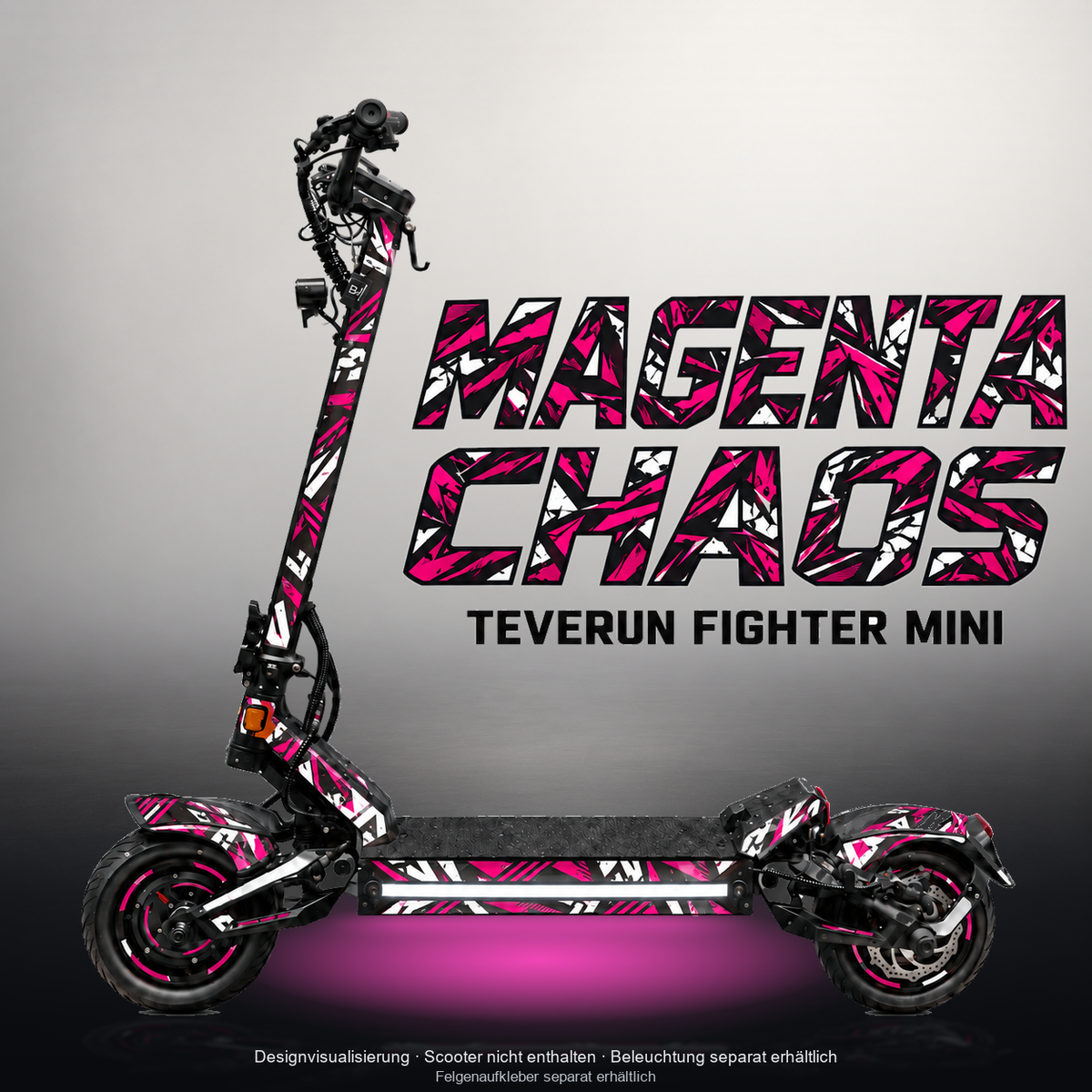 TEVERUN FIGHTER MINI / PRO SKIN | MAGENTA CHAOS – Studiofoto mit Licht in der Skinfarbe; Scooter und Beleuchtung separat erhältlich