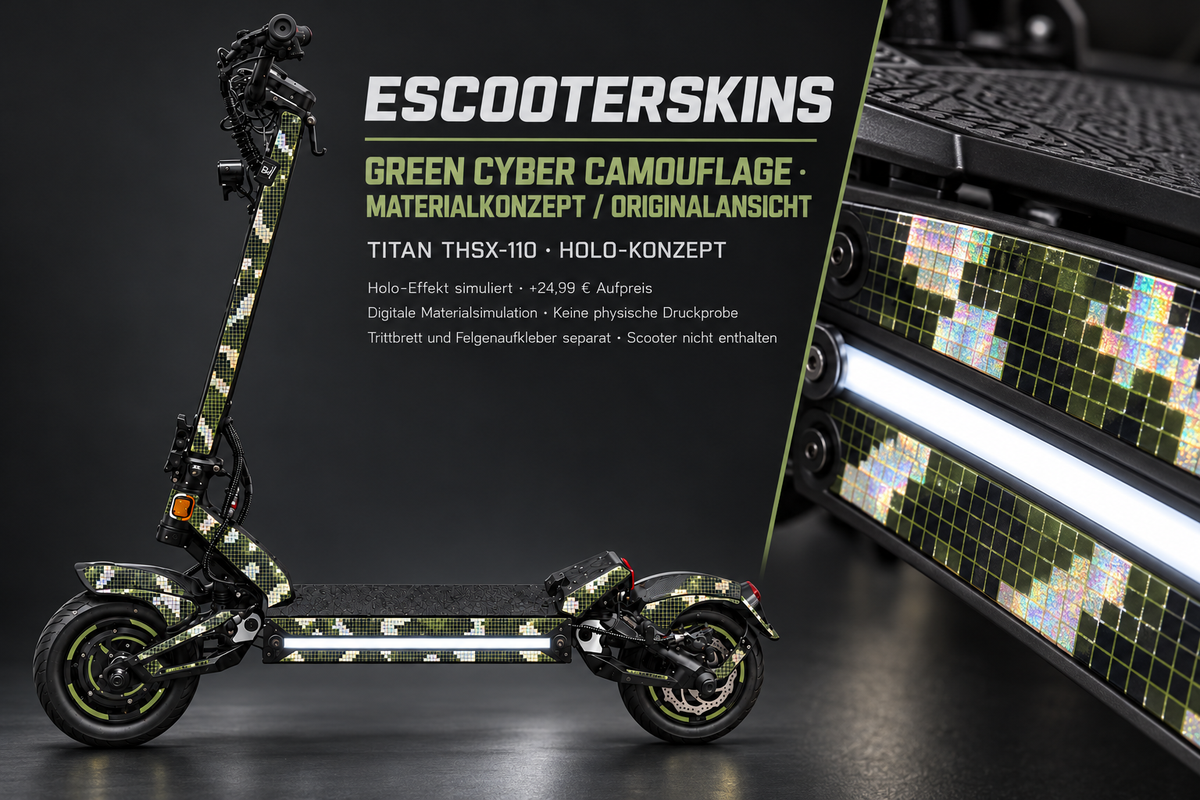 GREEN CYBER CAMOUFLAGE · Holo-Effekt simuliert · +24,99 € Aufpreis · digitale Materialsimulation, keine physische Druckprobe; Trittbrett und Felgenaufkleber separat; Scooter nicht enthalten.