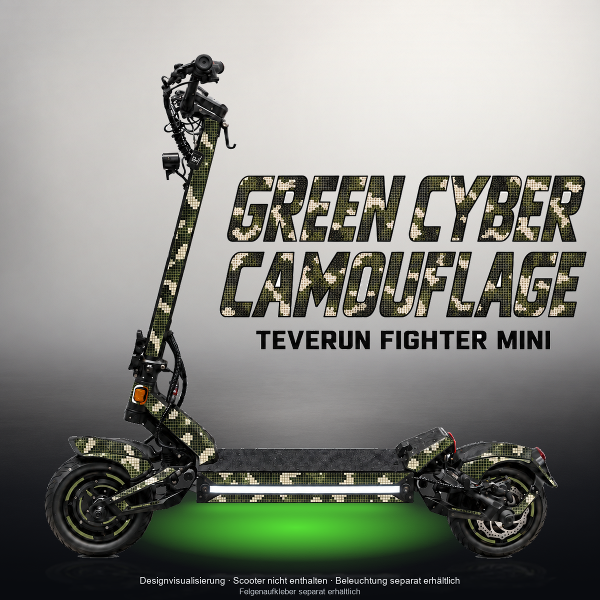 TEVERUN FIGHTER MINI / PRO SKIN | GREEN CYBER CAMOUFLAGE – Studiofoto mit Licht in der Skinfarbe; Scooter und Beleuchtung separat erhältlich