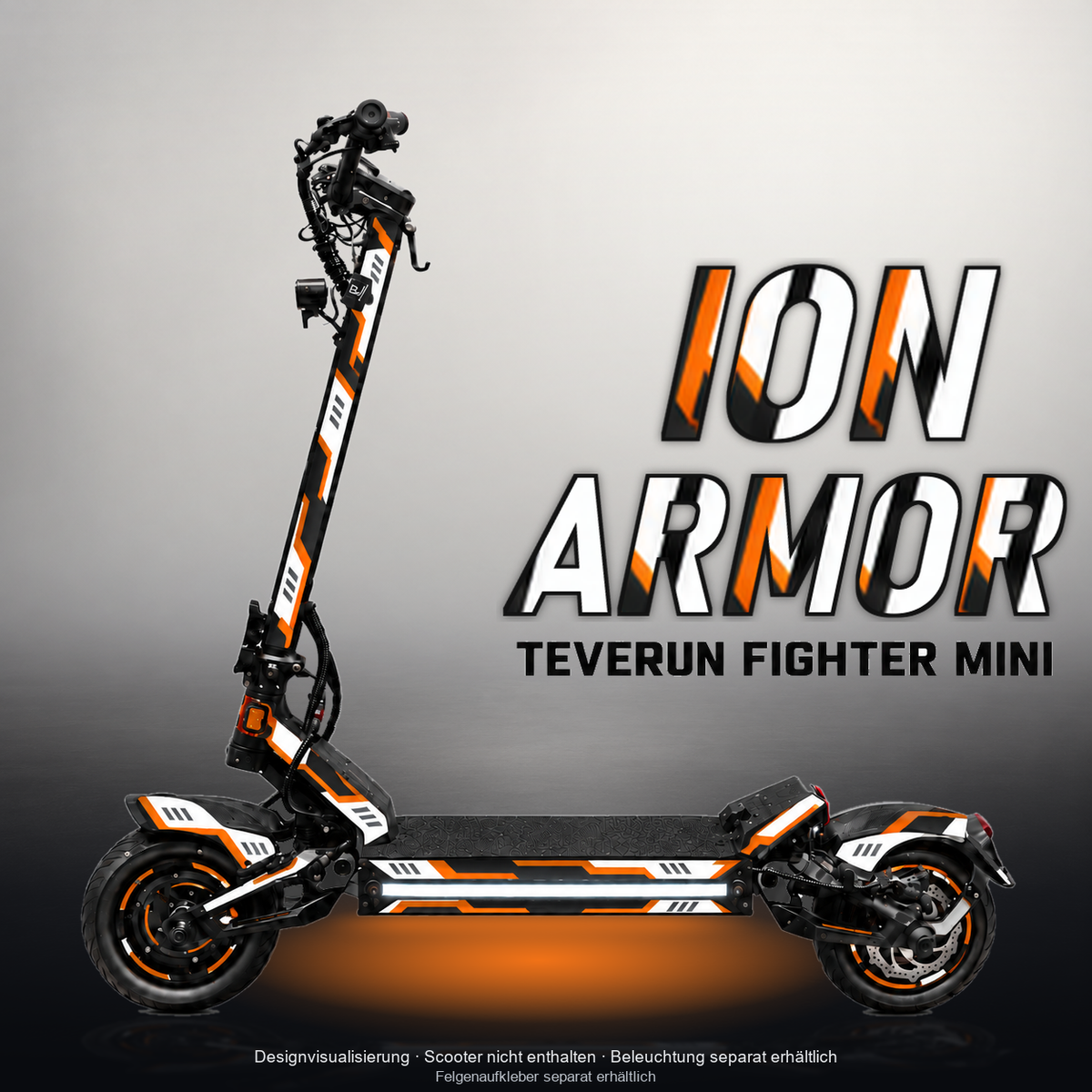 TEVERUN FIGHTER MINI / PRO SKIN | ION ARMOR – Designvisualisierung im Studio-Look mit Licht in der Skinfarbe; Scooter nicht enthalten, Beleuchtung separat erhältlich