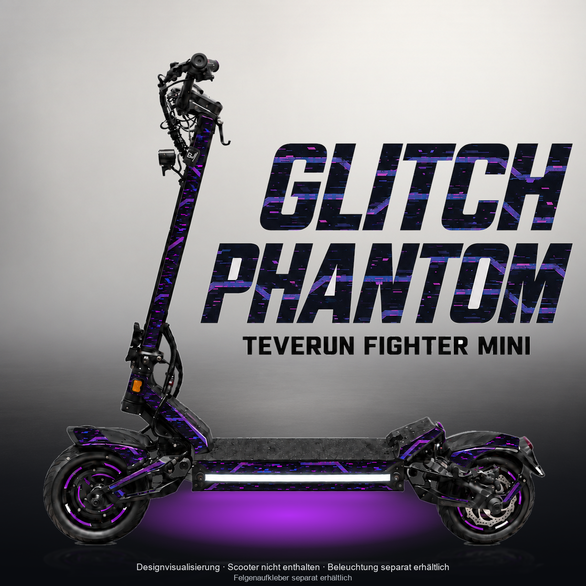 TEVERUN FIGHTER MINI / PRO SKIN | GLITCH PHANTOM – Designvisualisierung im Studio-Look mit Licht in der Skinfarbe; Scooter nicht enthalten, Beleuchtung separat erhältlich