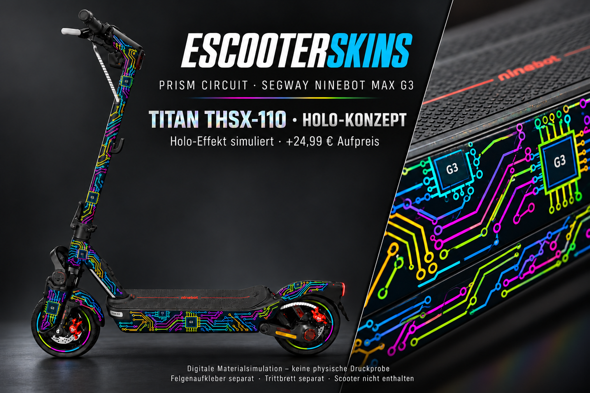SEGWAY NINEBOT G3 / G3 D / G3 E SKIN | PRISM CIRCUIT – Holo-Effekt simuliert; +24,99 EUR Aufpreis. Digitale Materialsimulation, keine physische Druckprobe. Nur Body-Skin; Trittbrett und Felgenaufkleber separat; Scooter nicht enthalten.
