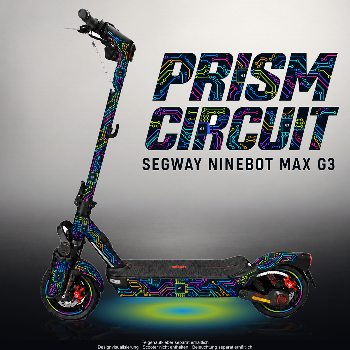 SEGWAY NINEBOT G3 / G3 D / G3 E SKIN | PRISM CIRCUIT – Designvisualisierung im Studio-Look mit Licht in der Skinfarbe; Scooter nicht enthalten, Beleuchtung separat erhältlich