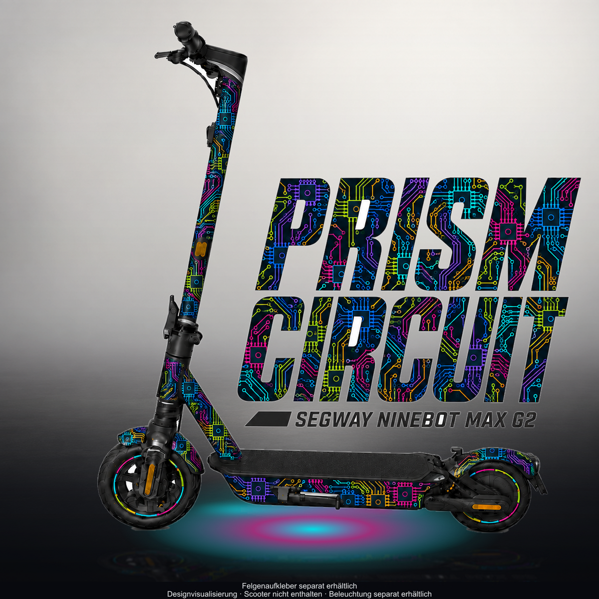 SEGWAY NINEBOT G2 MAX SKIN | PRISM CIRCUIT – Designvisualisierung im Studio-Look mit Licht in der Skinfarbe; Scooter nicht enthalten, Beleuchtung separat erhältlich