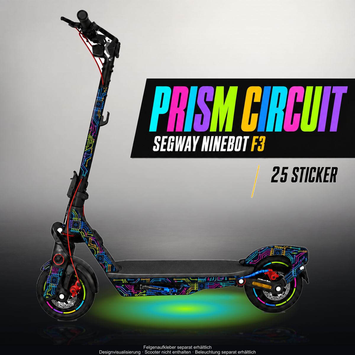 SEGWAY NINEBOT F3 / F3 PRO SKIN | PRISM CIRCUIT – Designvisualisierung im Studio-Look mit Licht in der Skinfarbe; Scooter nicht enthalten, Beleuchtung separat erhältlich